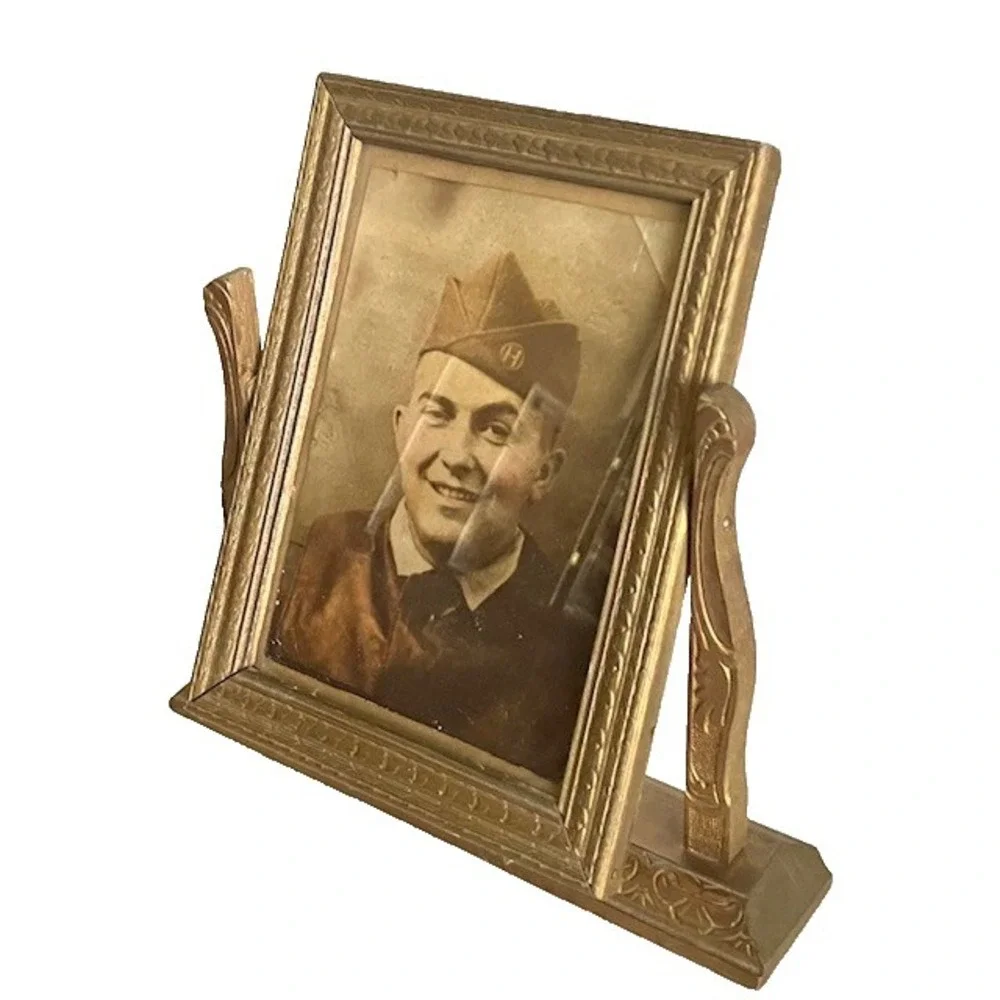 Antique Art Deco Wood Tabletop Swivel Swing Tilt Picture Frame  Military Soldier